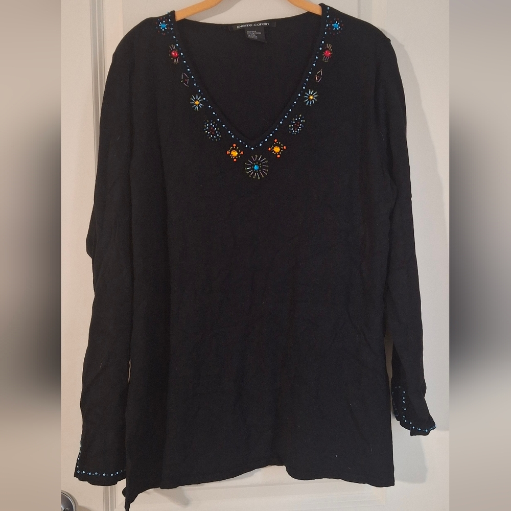 Pierre Cardin Sweater Sz XL V Neck Beaded Black V-Neck Women's Top Long Sleeve20
